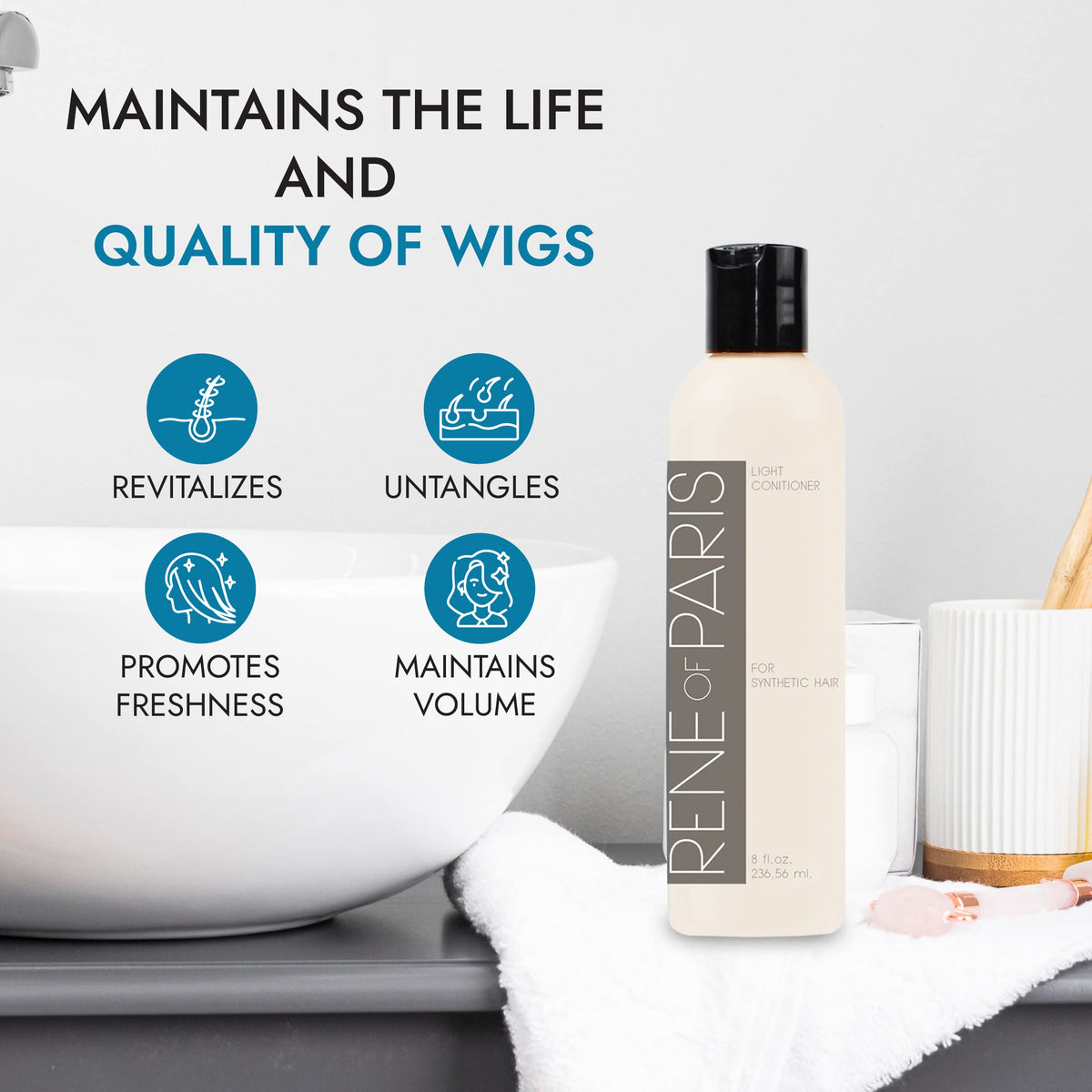 Rene of Paris conditioner fiber moisture closeup nourishes synthetic fibers.