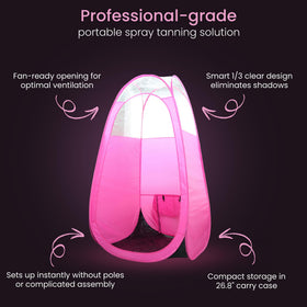 Reneebeautytan fan-opening tent supports airflow for even application.