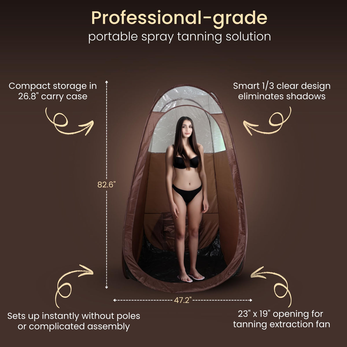 Reneebeautytan tent with clear window provides natural light for precise application.