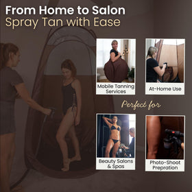 Reneebeautytan tent shows fan-opening for fresh air during tanning.