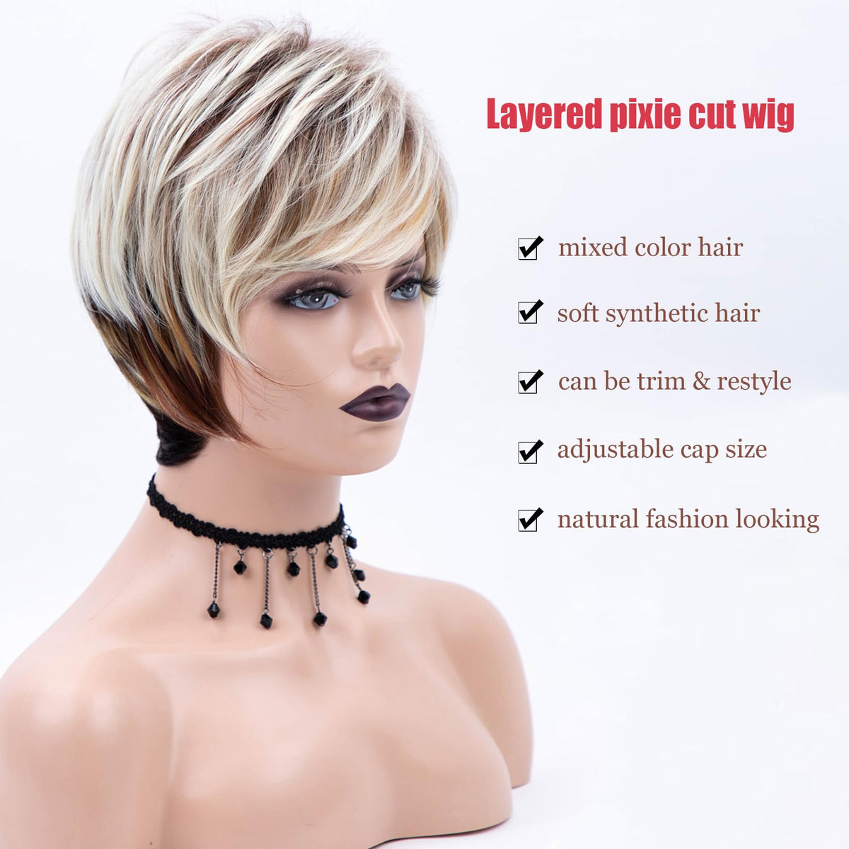 RENERSHOW layered pixie cut wig with bangs for fashion-forward style.