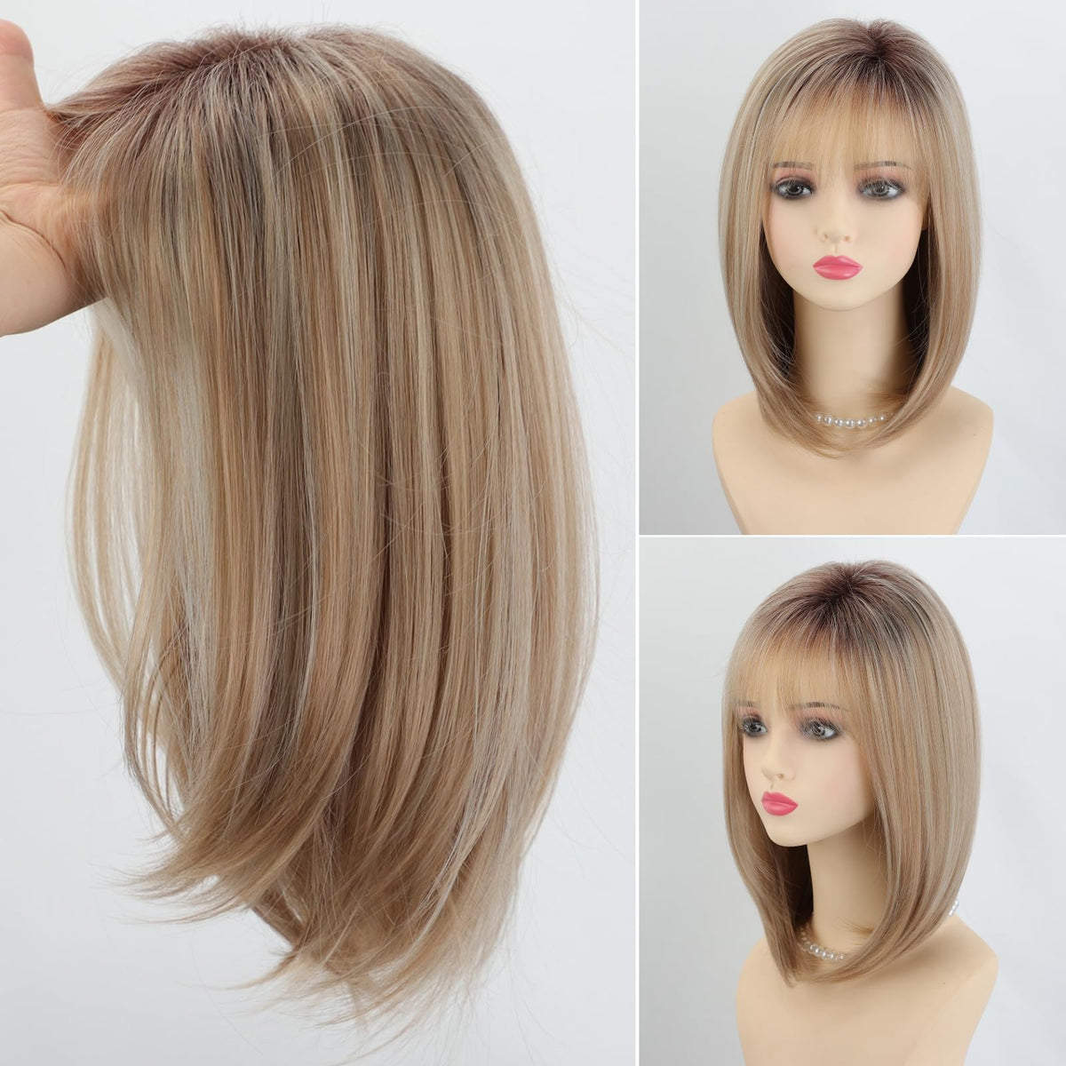 RENERSHOW ombre blonde highlight bob wig 14inch offers versatile everyday styling.