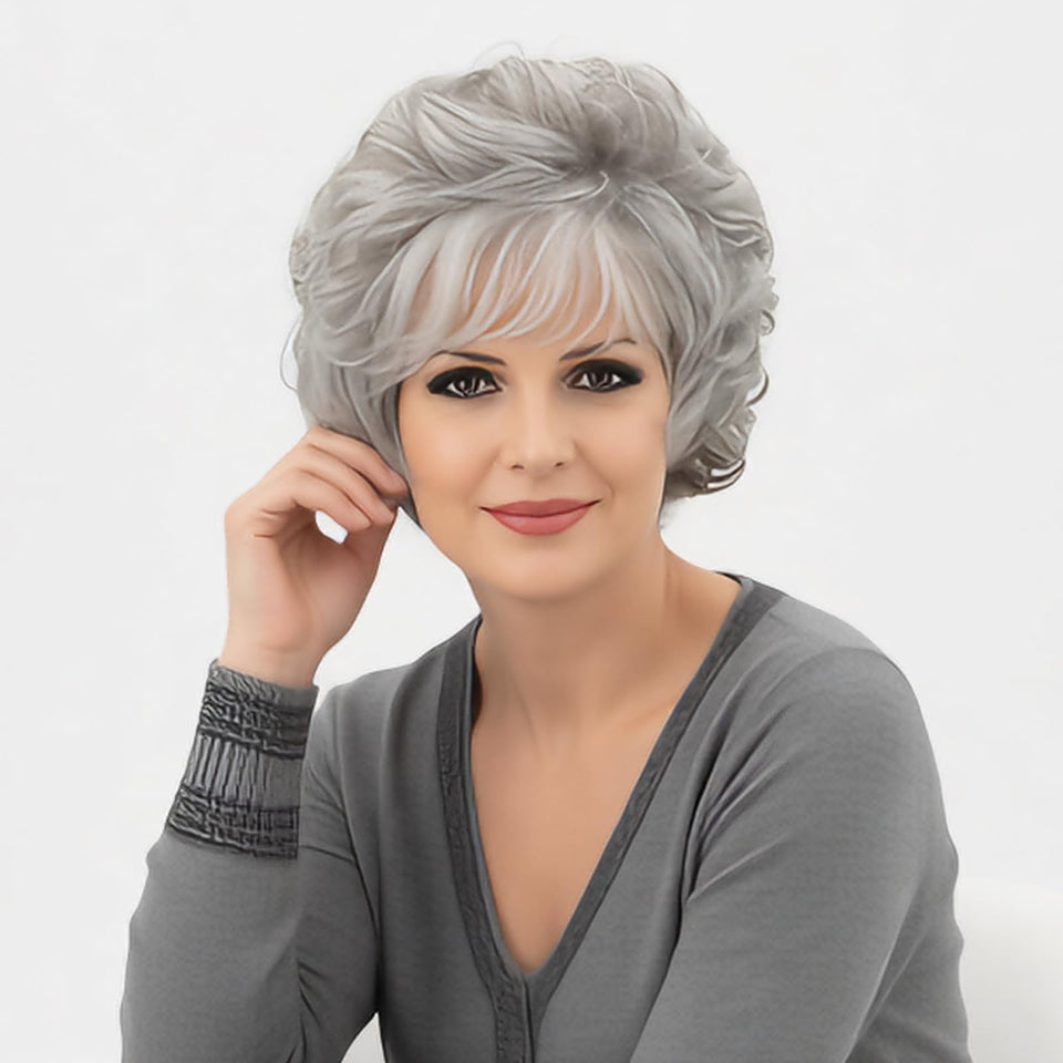 RENERSHOW short grey curly wig with bangs for everyday wear and easy styling