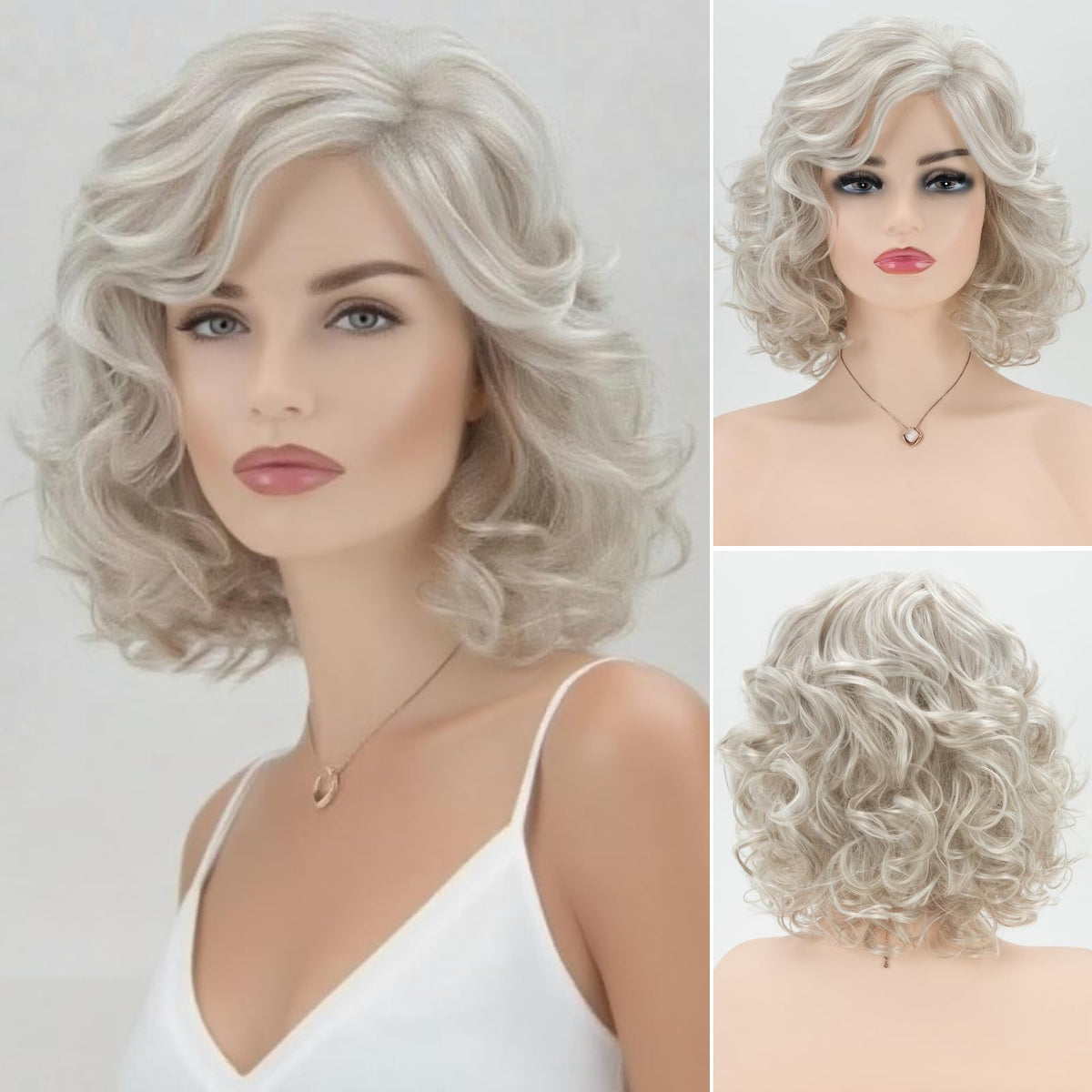 RENERSHOW short silver gray curly wig with bangs, ideal for daily wear.