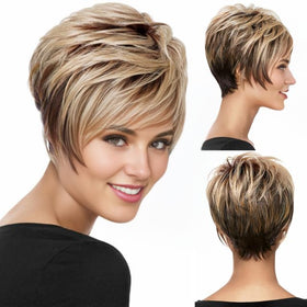 RENERSHOW short wig with bangs in brown ombre blonde for a natural daily look.