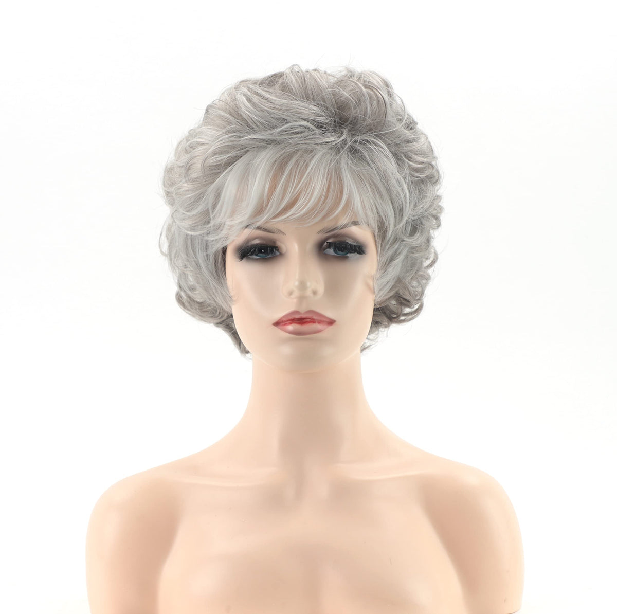 RENERSHOW silver gray wig with full puff curls and soft bangs