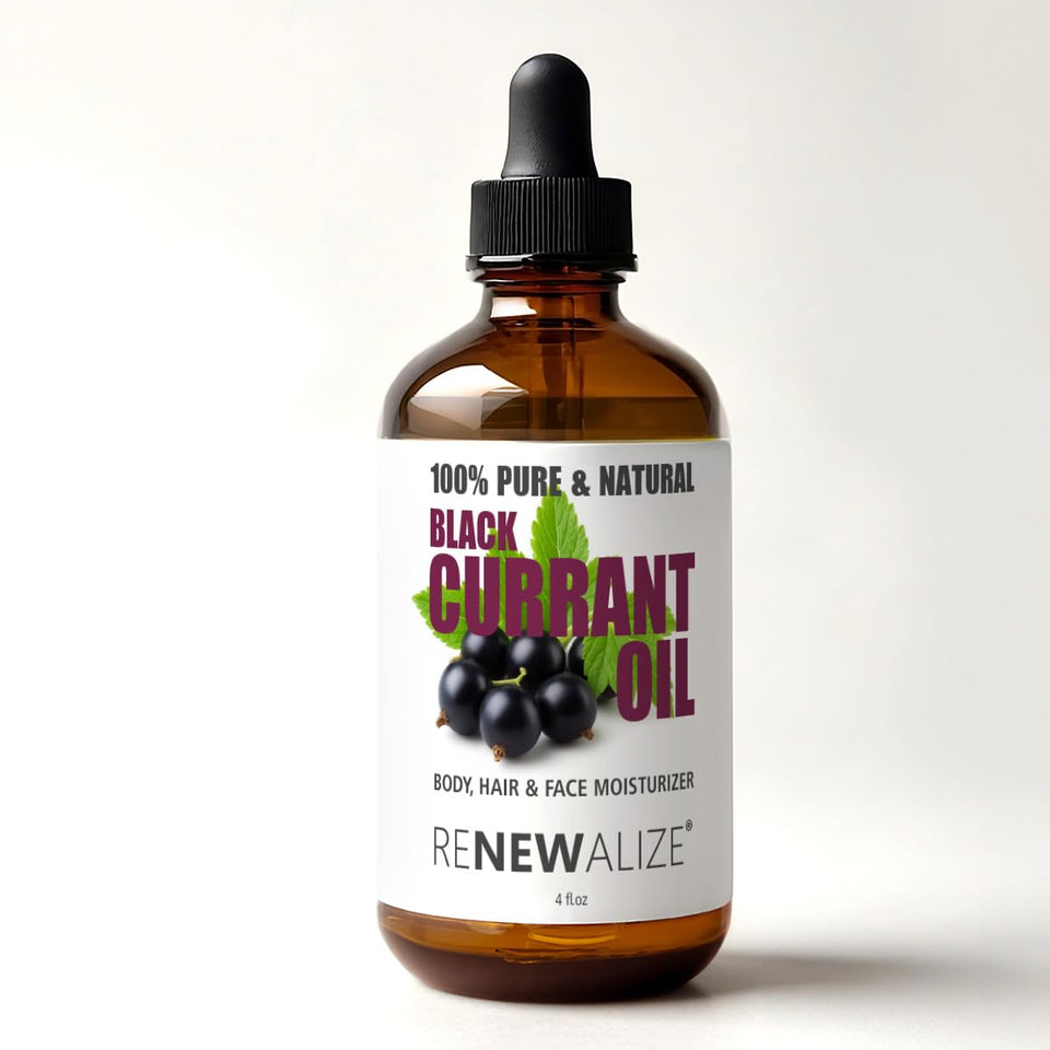 Renewalize black currant seed oil in amber bottle for daily skin hydration.