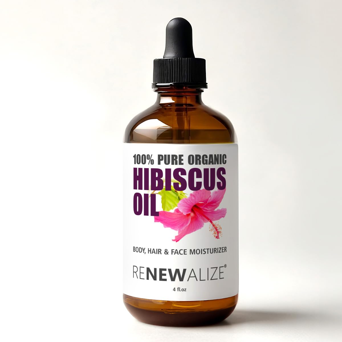 Renewalize Hibiscus Seed Oil bottle demonstrates pure unrefined formula for skin and hair care