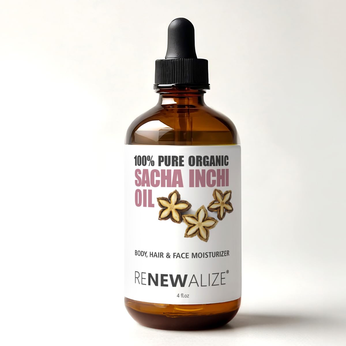 Renewalize Sacha Inchi Oil bottle front view, premium cold-pressed nourishment for skin and hair.
