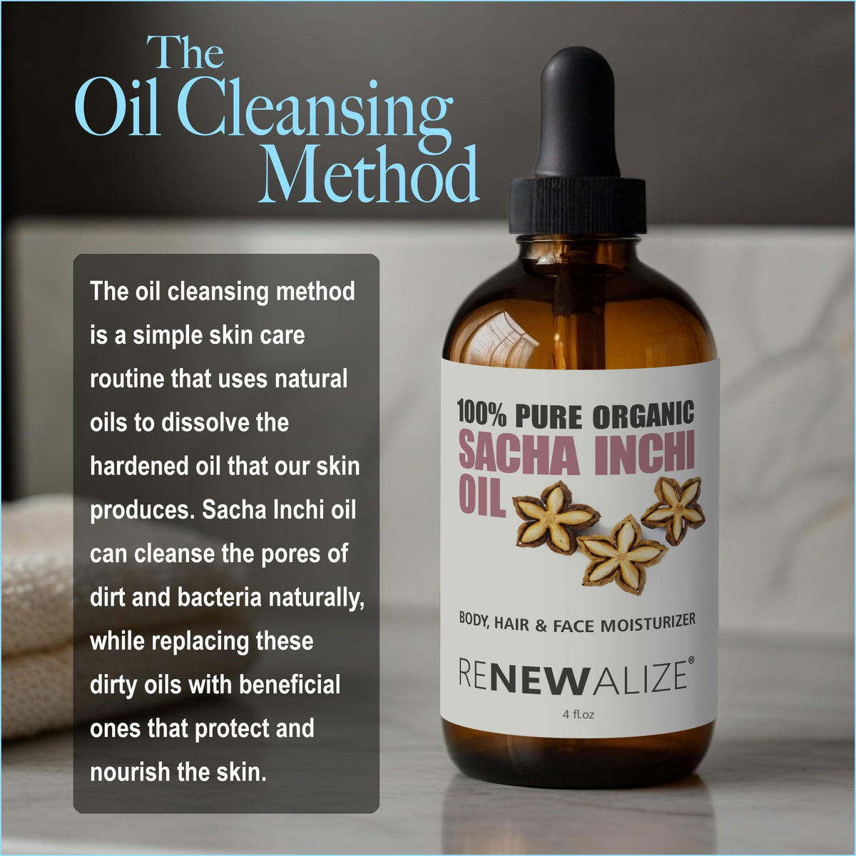 Renewalize Sacha Inchi Oil on hair applying to ends for moisture sealing.
