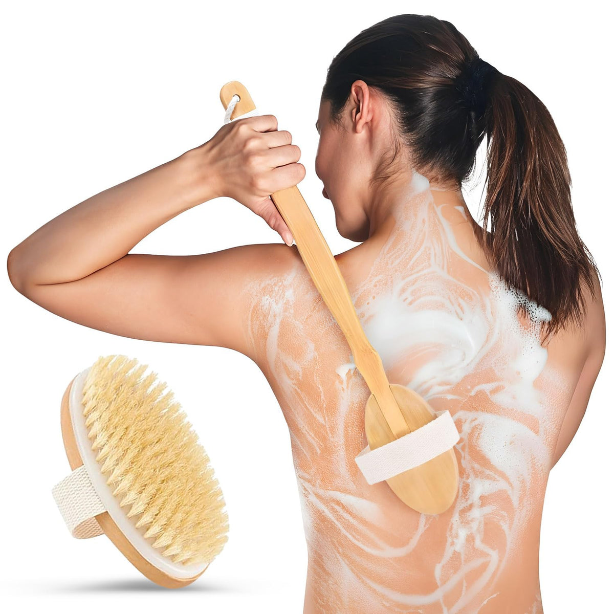 Rengöra back scrubber in shower with a 20-inch reach for easy back cleansing.