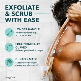 Rengöra natural boar bristles provide gentle exfoliation in bath or shower.
