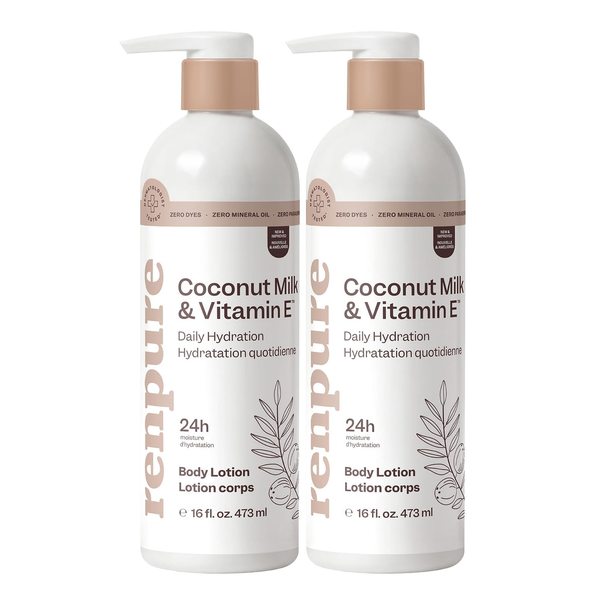 Renpure Coconut Milk & Vitamin E lotion bottle for all-day hydration.