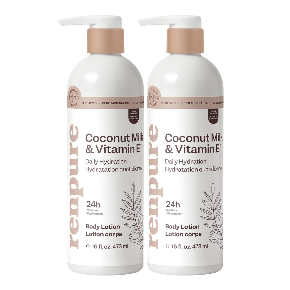 Renpure Coconut Milk & Vitamin E lotion bottle for all-day hydration.