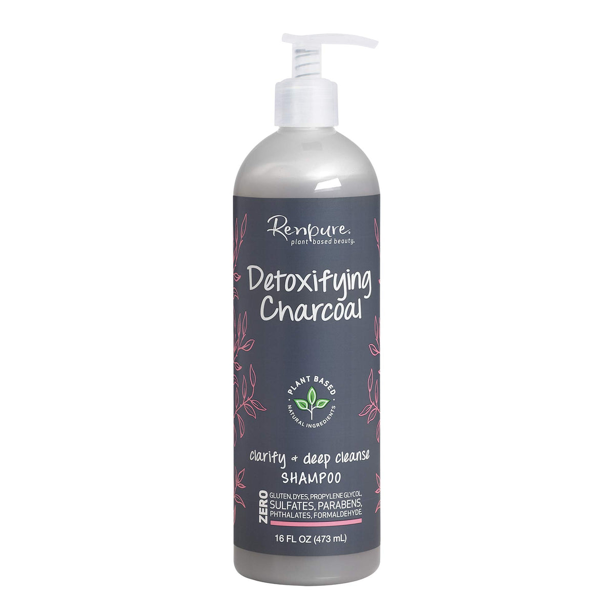 Renpure Detox Charcoal Shampoo bottle front view highlights a refreshing cleanse.