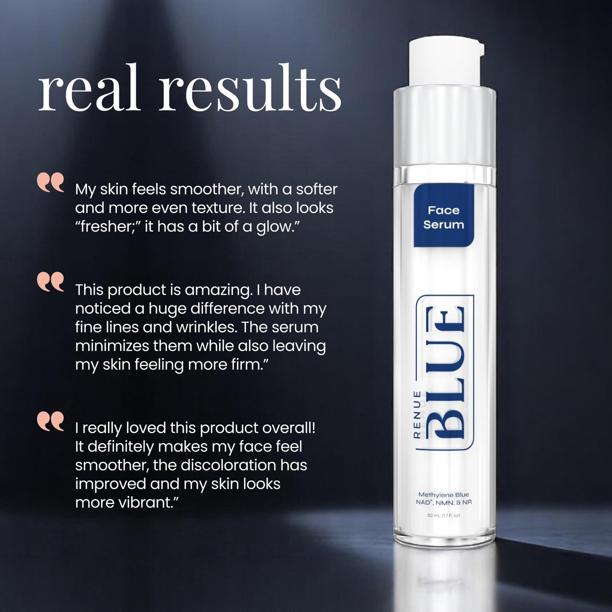 Close-up of Renue Blue Serum showing liposomal NAD+ complex for vitality.