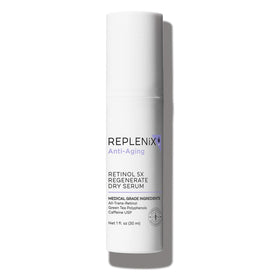 Replenix Anti-Aging Retinol 5X Regenerate serum bottle, fast-absorbing for smoother skin.