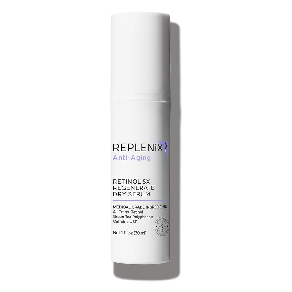 Replenix Anti-Aging Retinol 5X Regenerate serum bottle, fast-absorbing for smoother skin.