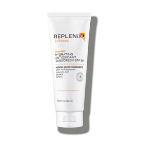 Replenix sunscreen bottle close-up, lightweight daily protection.