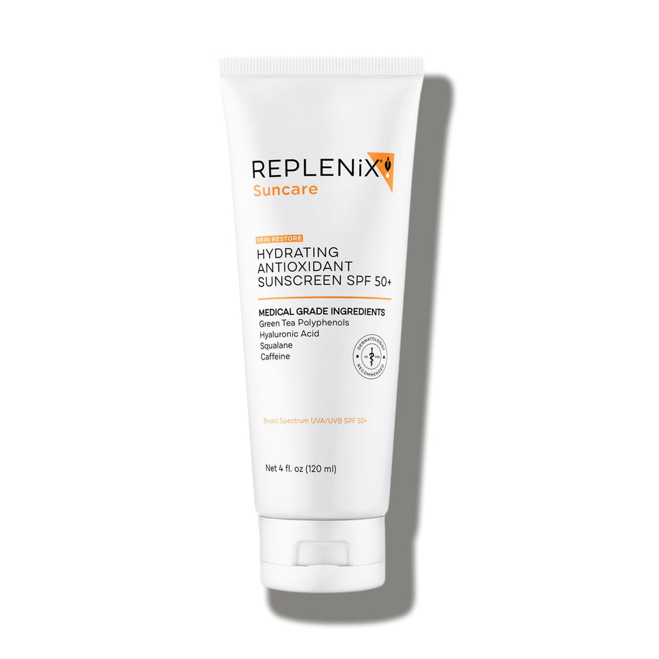 Replenix sunscreen bottle close-up, lightweight daily protection.