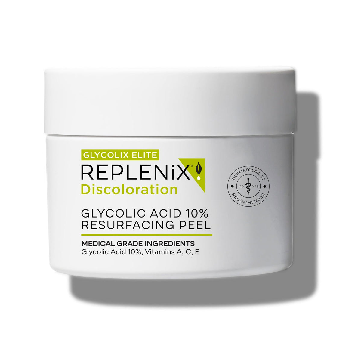 Replenix Glycolic Acid 10% pads packshot; supports smoother, more even skin tone.