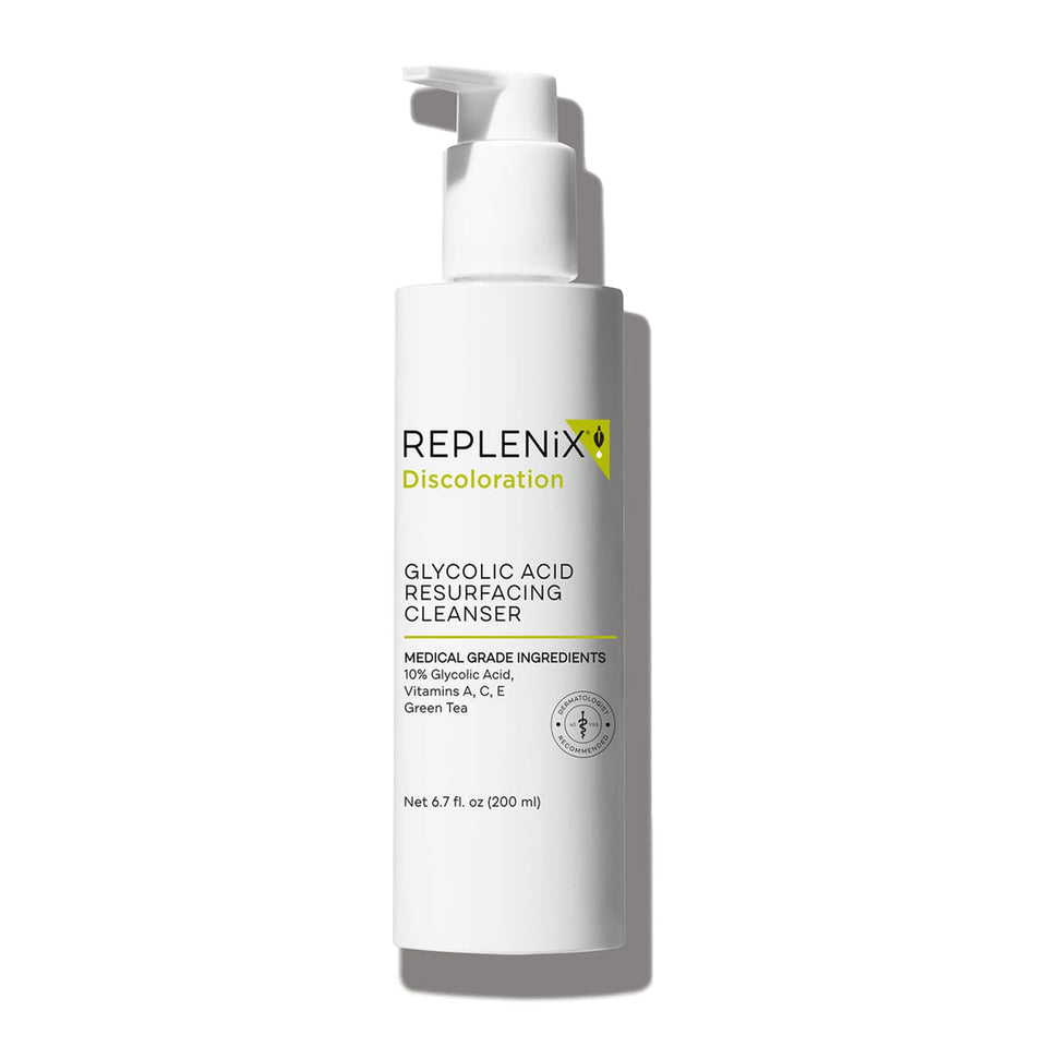 Replenix Glycolic Acid Resurfacing Cleanser bottle shows exfoliating formula for smoother skin