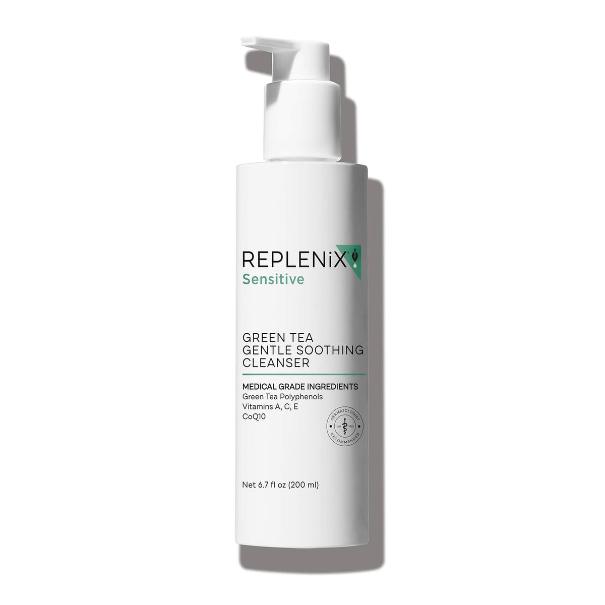 Replenix Green Tea Gentle Cleanser bottle with pump for sensitive skin routines.