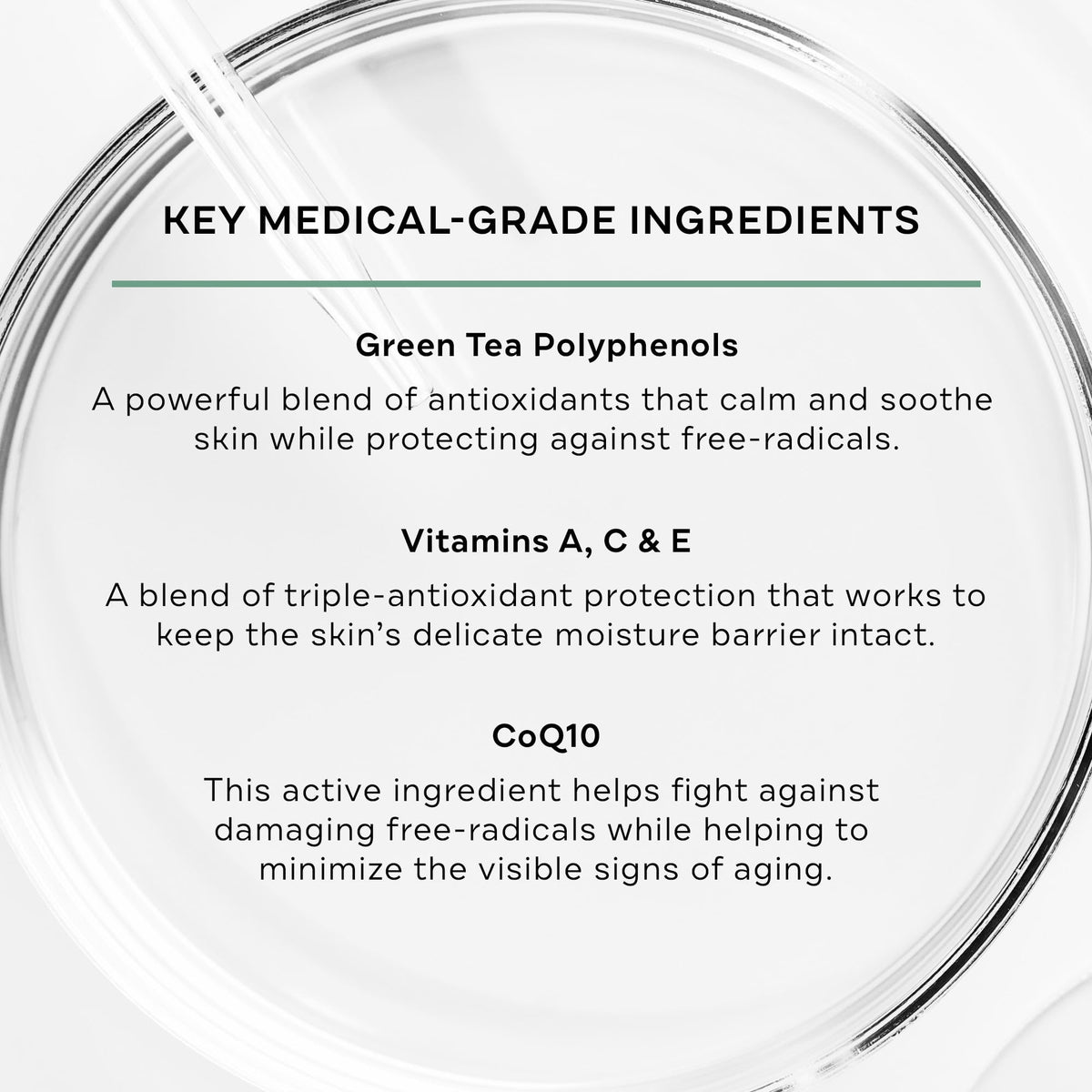Label highlights vitamins A, C, E and green tea polyphenols for skin nourishment.