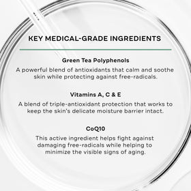 Label highlights vitamins A, C, E and green tea polyphenols for skin nourishment.