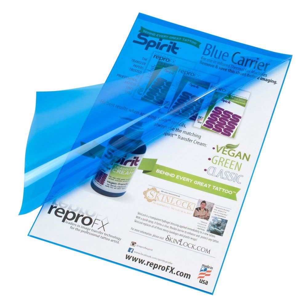 ReproFX Spirit Tattoo Blue Carrier front view for even thermal transfers and clear stencils