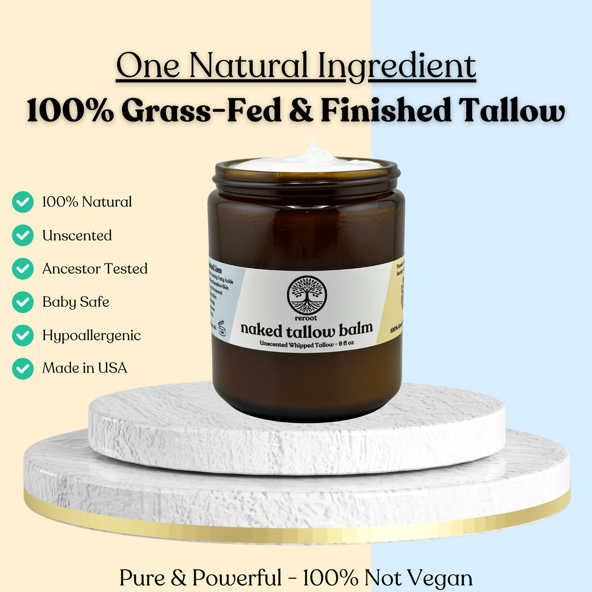 Reroot Organics beef tallow ingredient label highlights a natural single-ingredient skincare option