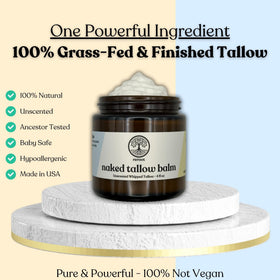 Reroot Organics Naked Tallow Balm packaging close-up shows unscented formula.