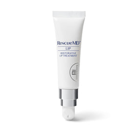 RescueMD Restorative Lip Treatment packaging shot emphasizes 12mL bottle and on-the-go use.
