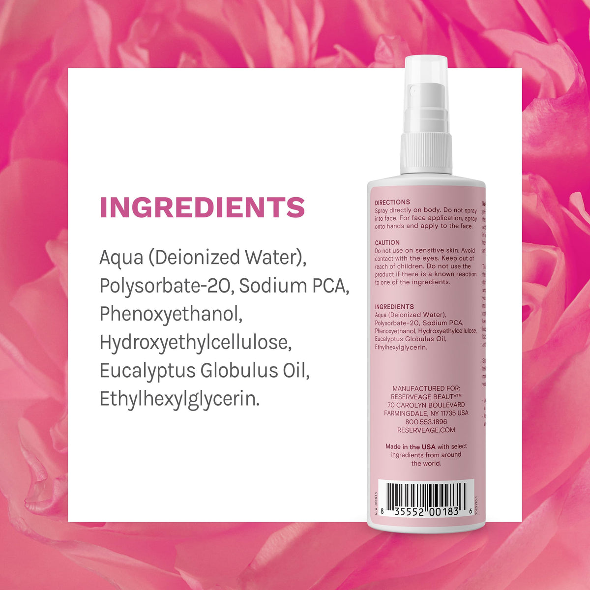Reserveage Na-PCA Spray mist application for quick, refreshing hydration.