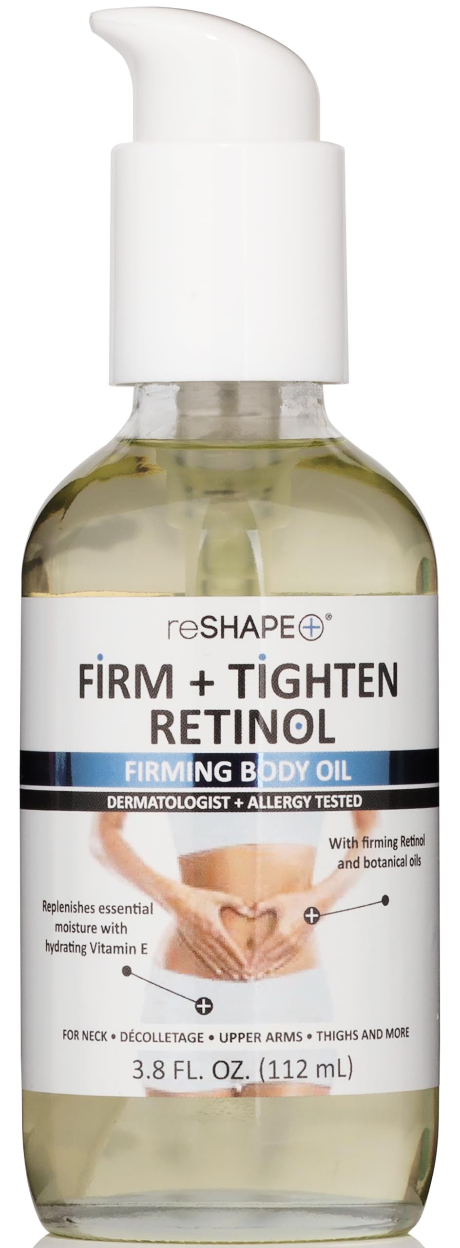 Reshape+ Retinol Firming Body Oil bottle shown, highlighting hydration and anti-aging benefits.