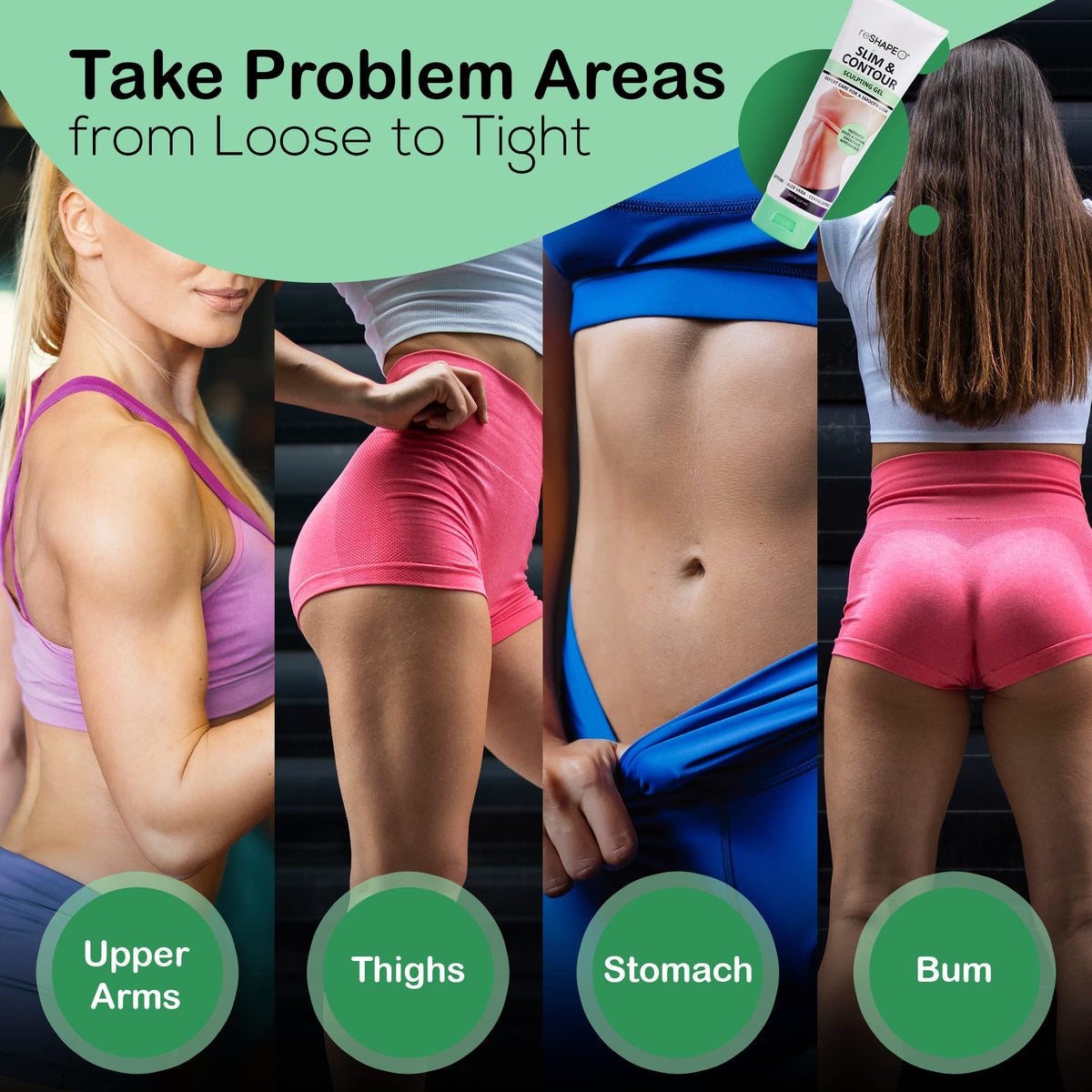 Reshape+ skin-tightening gel application demonstrates targeted massage on treated areas.