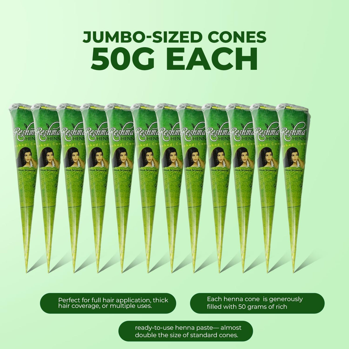 Reshma Beauty Henna Cone 50g Size Comparison highlighting larger cones for longer sessions