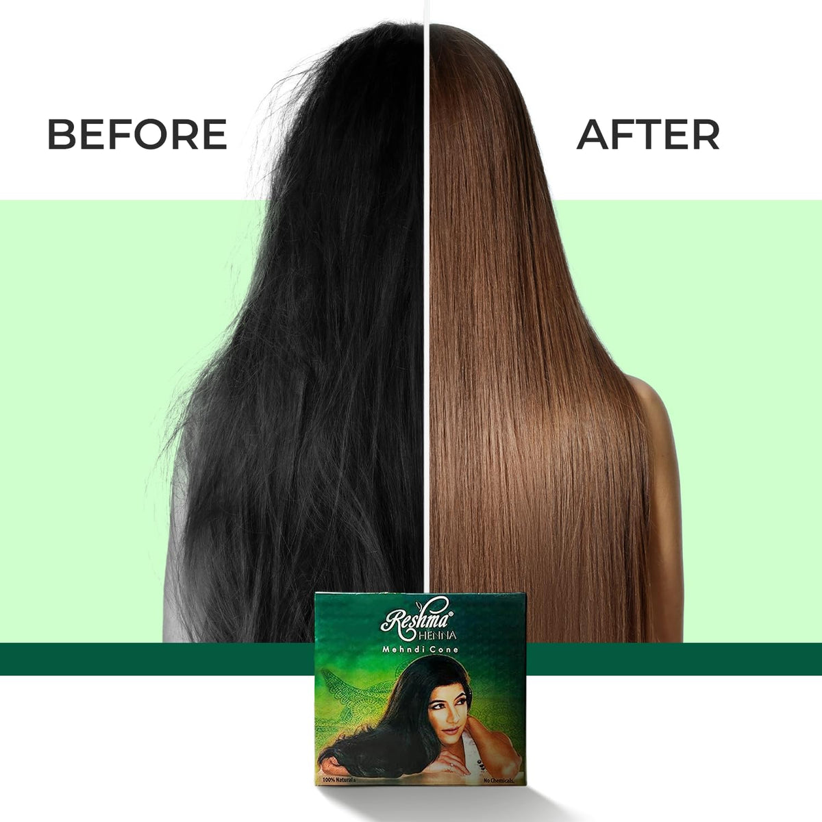 Reshma Beauty Henna Cone Color Reddish-Brown showing rich shade on hair