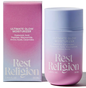 Rest Religion Ultimate Glow bottle with pump for quick hydration and easy layering.