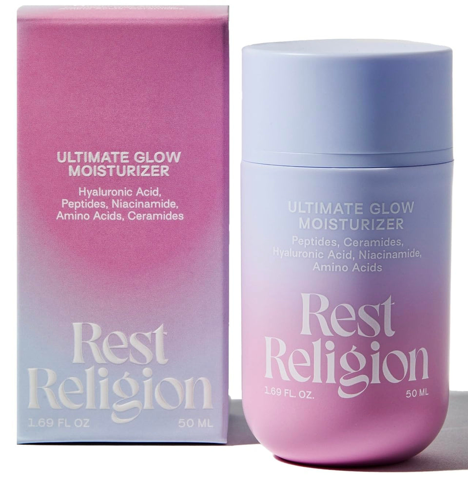 Rest Religion Ultimate Glow bottle with pump for quick hydration and easy layering.