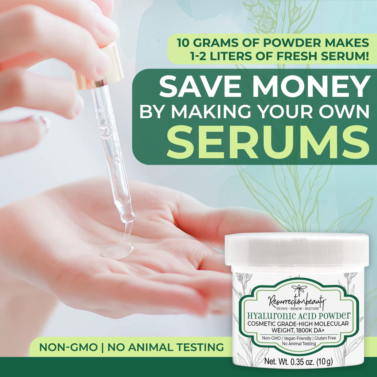 RESURRECTIONbeauty hyaluronic acid powder bottle pouring into mixing dish