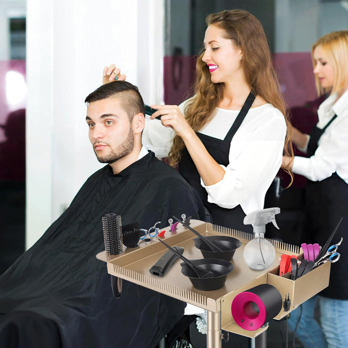 Retain Time mobile salon station supports varied heights and configurations for diverse tasks