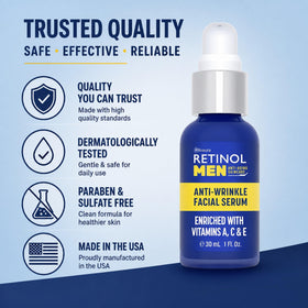 Retinol Anti-Wrinkle Serum packaging in USA-made bottle.