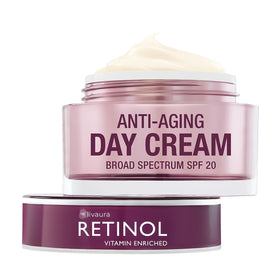 Retinol LIVAURA face moisturizer SPF 20 bottle highlighting rich hydration for daily use.
