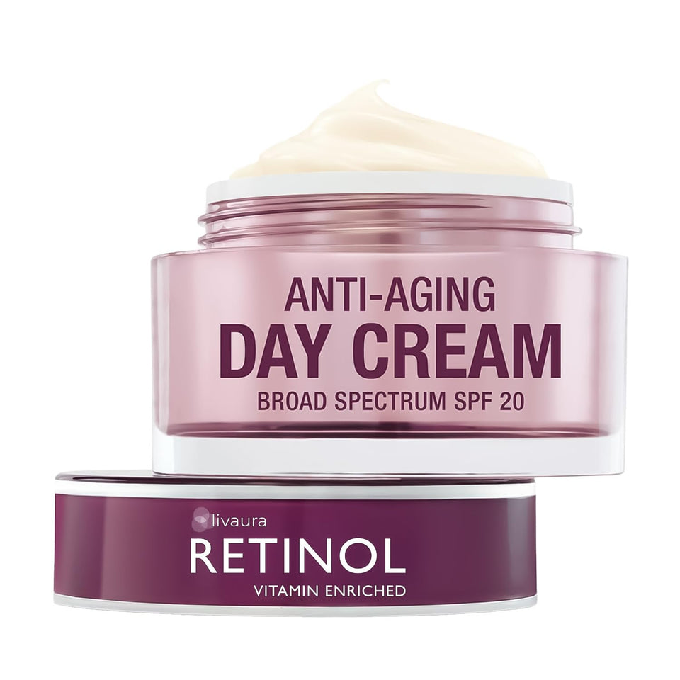 Retinol LIVAURA face moisturizer SPF 20 bottle highlighting rich hydration for daily use.
