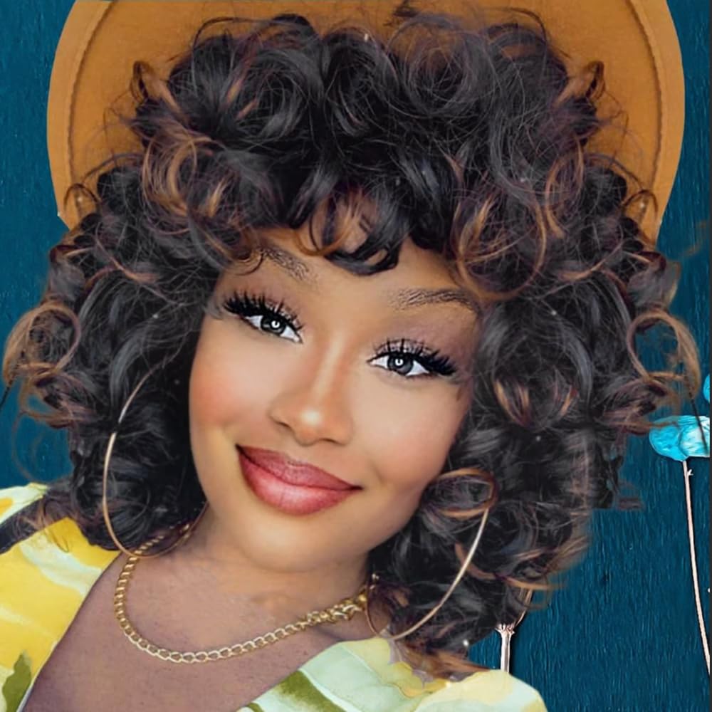 Retoleca short black-brown curly wig with bangs for daily styling.