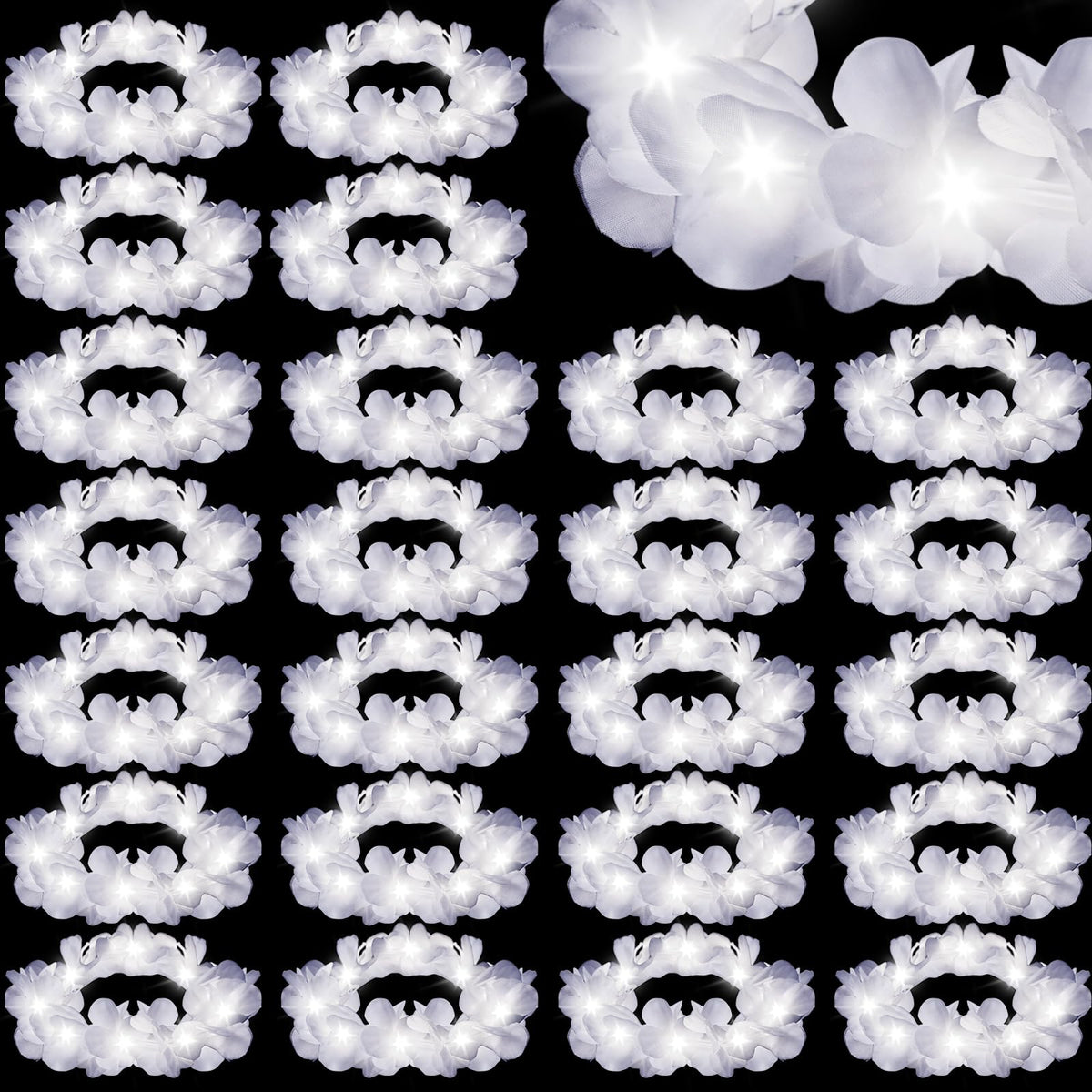 Retrowavy LED flower crown wreath glows white for weddings and festive photo moments.