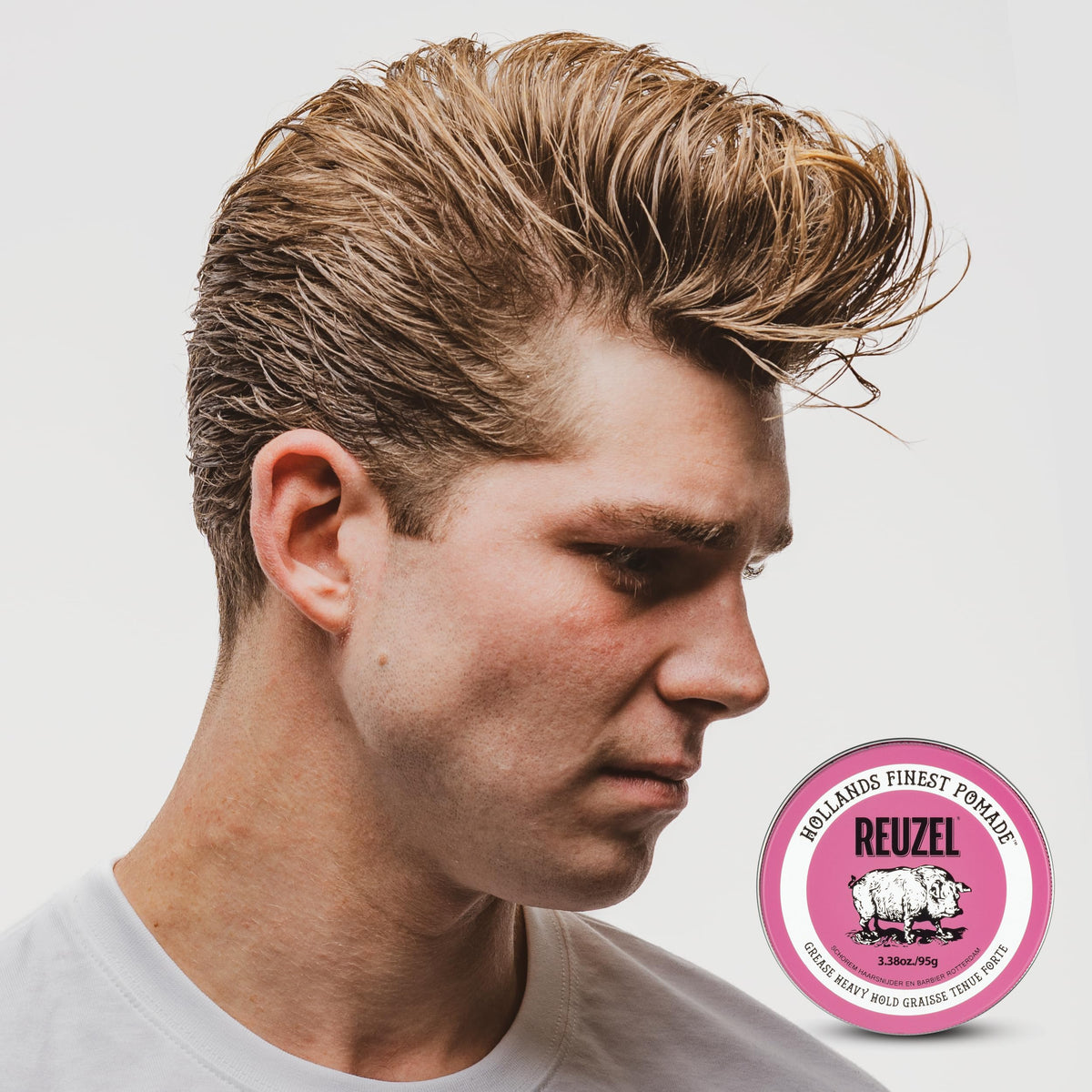 Classic REUZEL Pink Grease pompadour with lasting hold and defined shape