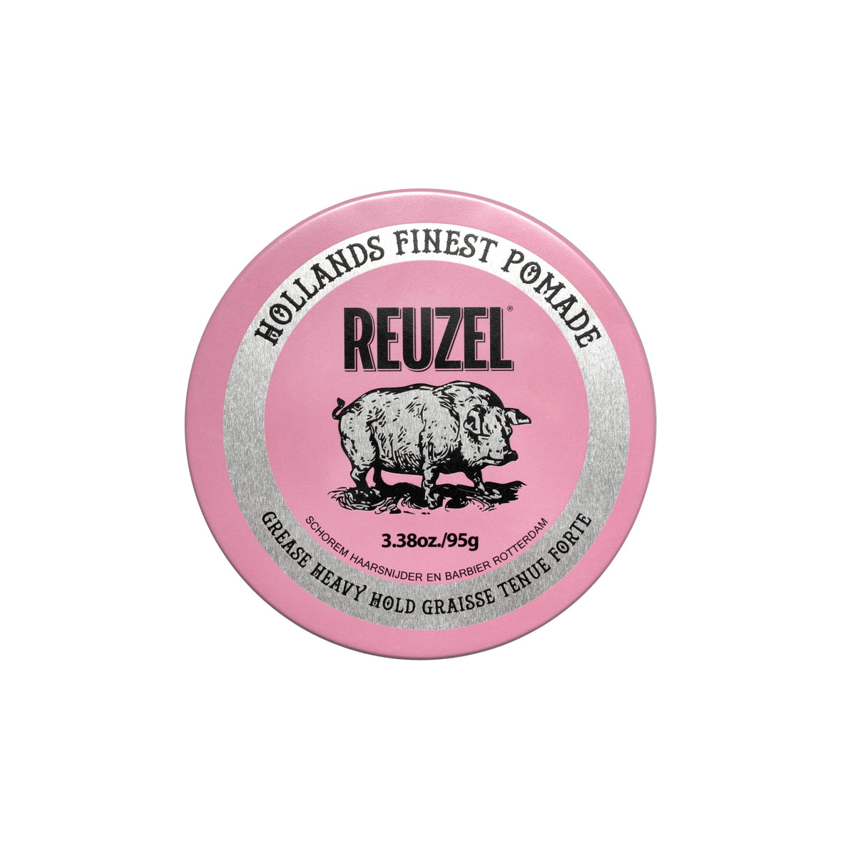 REUZEL Pink Grease pomade jar showing strong all-day hold for versatile styles