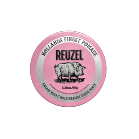 REUZEL Pink Grease pomade jar showing strong all-day hold for versatile styles